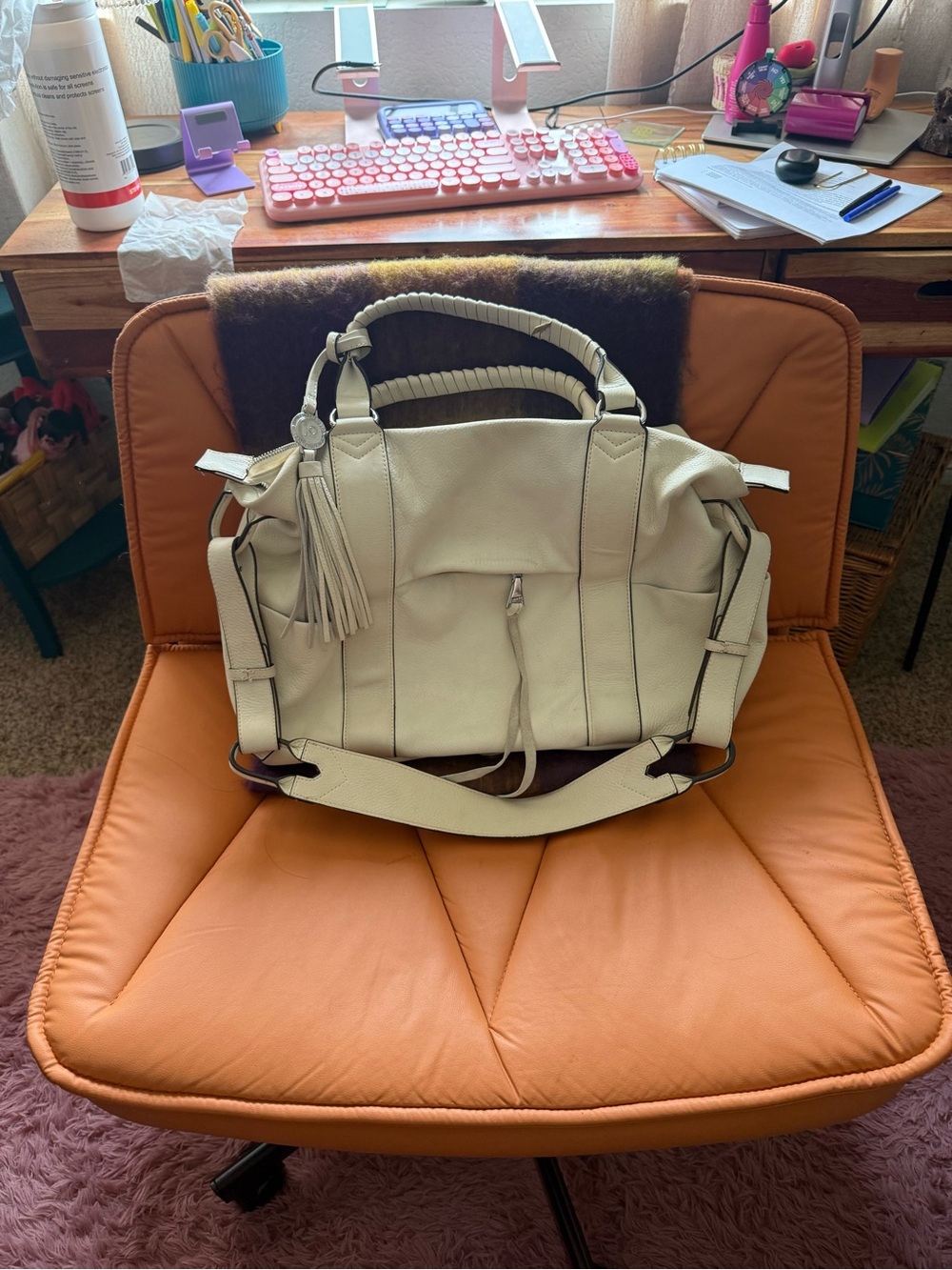 Aimee Kestenberg Cream Leather Tassel Satchel Tote